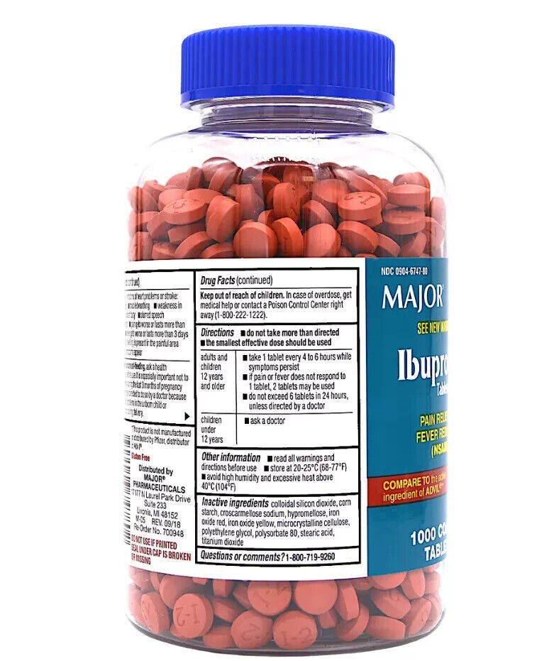 2 X Major Ibuprofen 200 mg Pain Reliever 1000 Tablets (= 2000) Advil Exp 12/2025