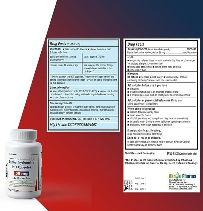 8 X Generic Benadryl Diphenhydramin 50mg Cap 100ct (Total 800) NEW