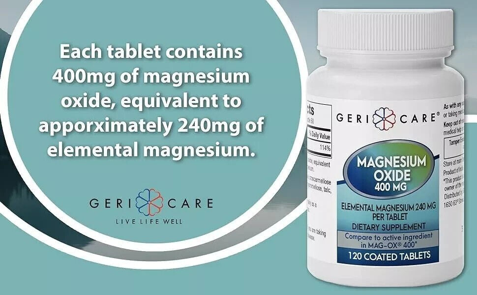 6 X GERI CARE Magnesium Oxide 400 mg 120 Tablets (Total 720) Exp 8/2025 NEW