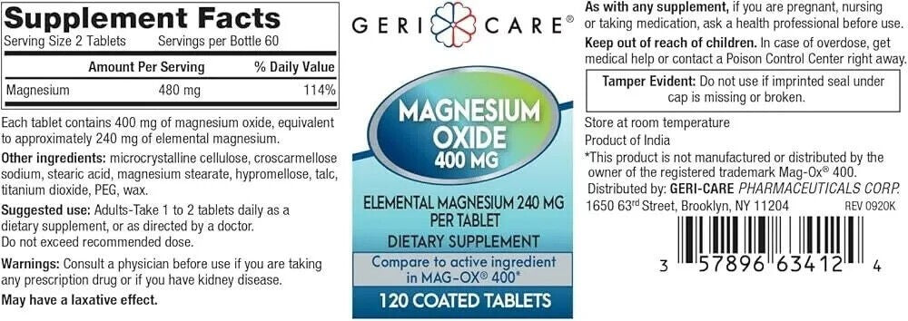 6 X GERI CARE Magnesium Oxide 400 mg 120 Tablets (Total 720) Exp 8/2025 NEW