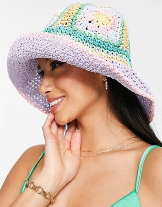 ASOS DESIGN crochet straw bucket hat in pastel with size adjuster OS NEW W TAG