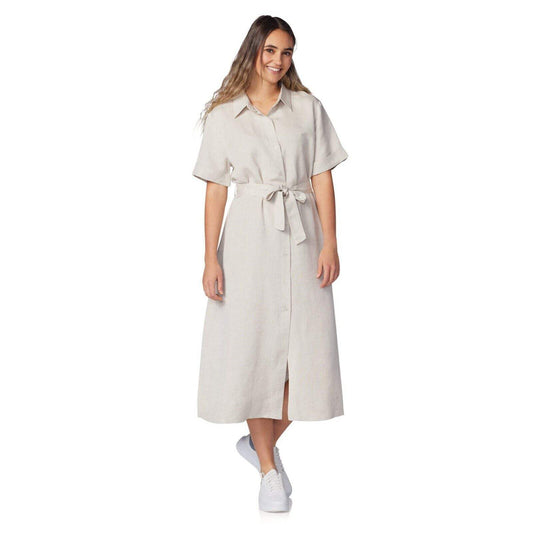 Yarn & Sea Women's Linen Short-Sleeve Belted Midi Dress Size LARGE NWT