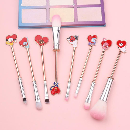 BTS, BT21 -8 PCS Makeup Brushes Cosmetic Tool Set w Lanyard Makeup Bag NWT