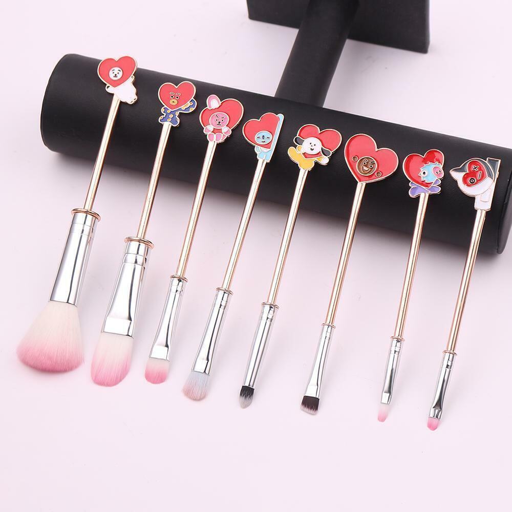BTS, BT21 -8 PCS Makeup Brushes Cosmetic Tool Set w Lanyard Makeup Bag NWT