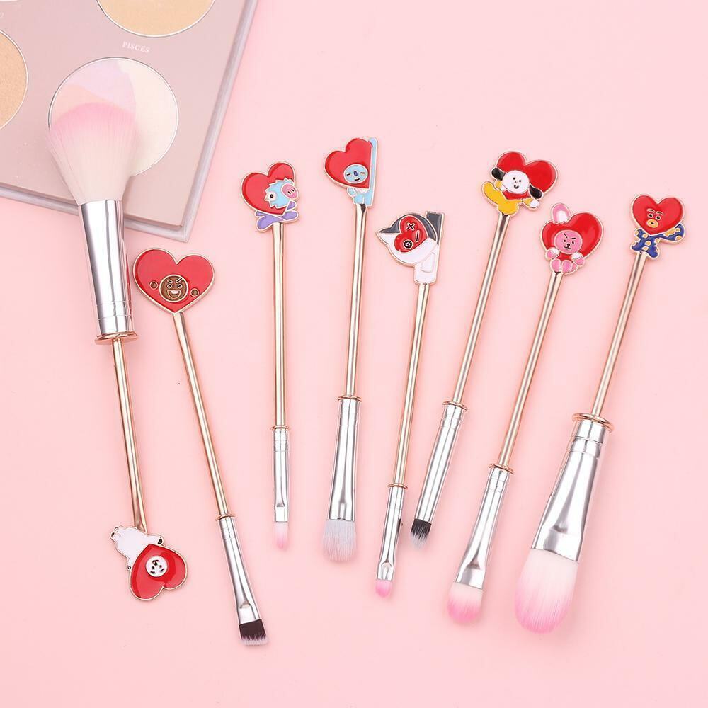 BTS, BT21 -8 PCS Makeup Brushes Cosmetic Tool Set w Lanyard Makeup Bag NWT
