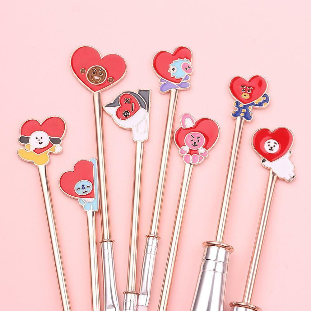 BTS, BT21 -8 PCS Makeup Brushes Cosmetic Tool Set w Lanyard Makeup Bag NWT