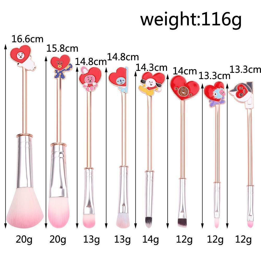 BTS, BT21 -8 PCS Makeup Brushes Cosmetic Tool Set w Lanyard Makeup Bag NWT