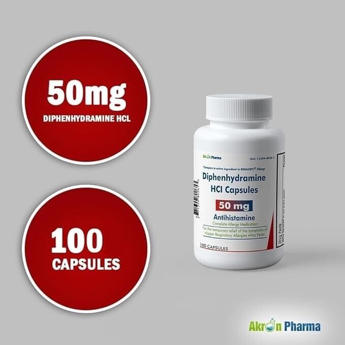 8 X Generic Benadryl Diphenhydramin 50mg Cap 100ct (Total 800) NEW