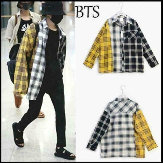 BTS SUGA Tricolor Splicing Female Coat Color-block Check Shirt Size 2XL NWT