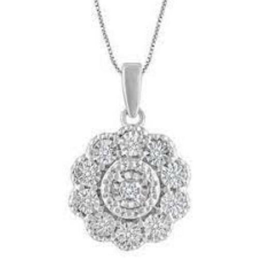 Diamond Flower Pendant Necklace 1/10 ct tw Round Sterling Silver NEW IN BOX