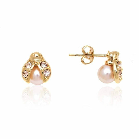 Sweet & Soft 18k Gold-Plated Imitation Pearl Ladybug Stud Earrings NEW W TAG