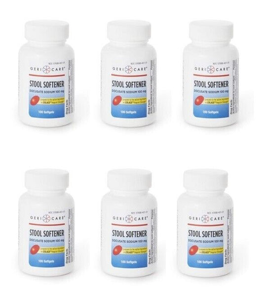 6 Pack Geri Care Docusate Sodium 100mg Stool Softener 600 Softgels