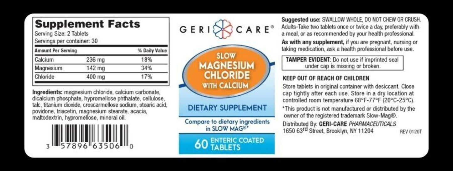 4 x Gericare Slow Magnesium Chloride w/ Calcium Tablets 60 ct (Total 240 ct) NEW
