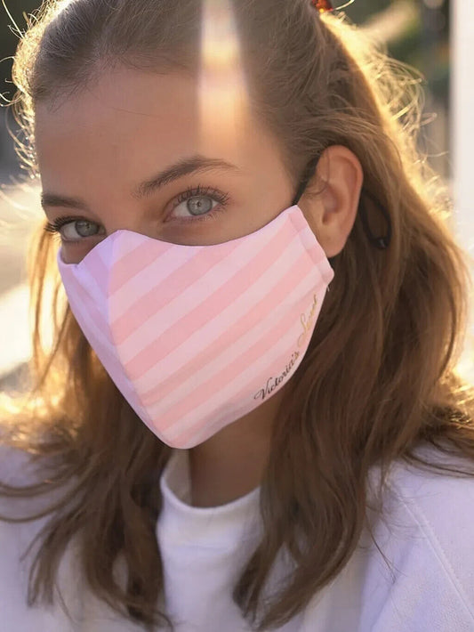 Victoria secret REUSABLE & Washable Face Mask pink striped with gold Logo NWT