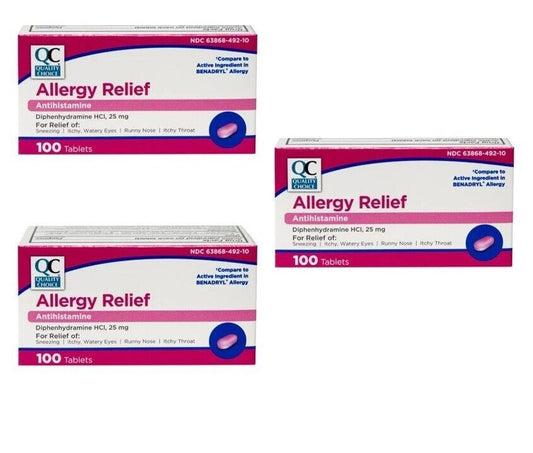 3 x QC  Benadryl Allergy Relief, Diphenhydramine HCI 25 mg 300 Tabs Exp 10/26