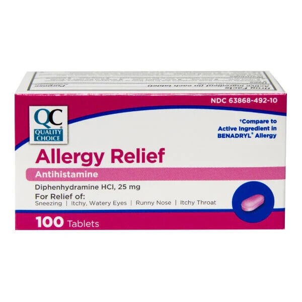 3 x QC  Benadryl Allergy Relief, Diphenhydramine HCI 25 mg 300 Tabs Exp 10/26