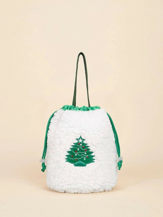 SHEIN Christmas Tree Embroidered Fluffy Gift Bag NEW W TAG