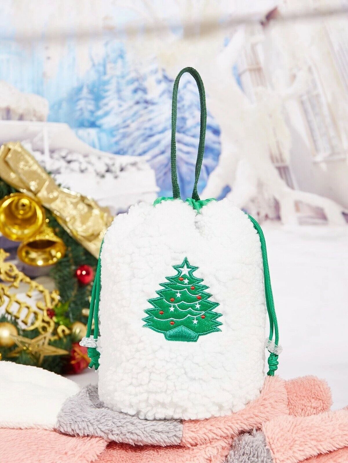SHEIN Christmas Tree Embroidered Fluffy Gift Bag NEW W TAG