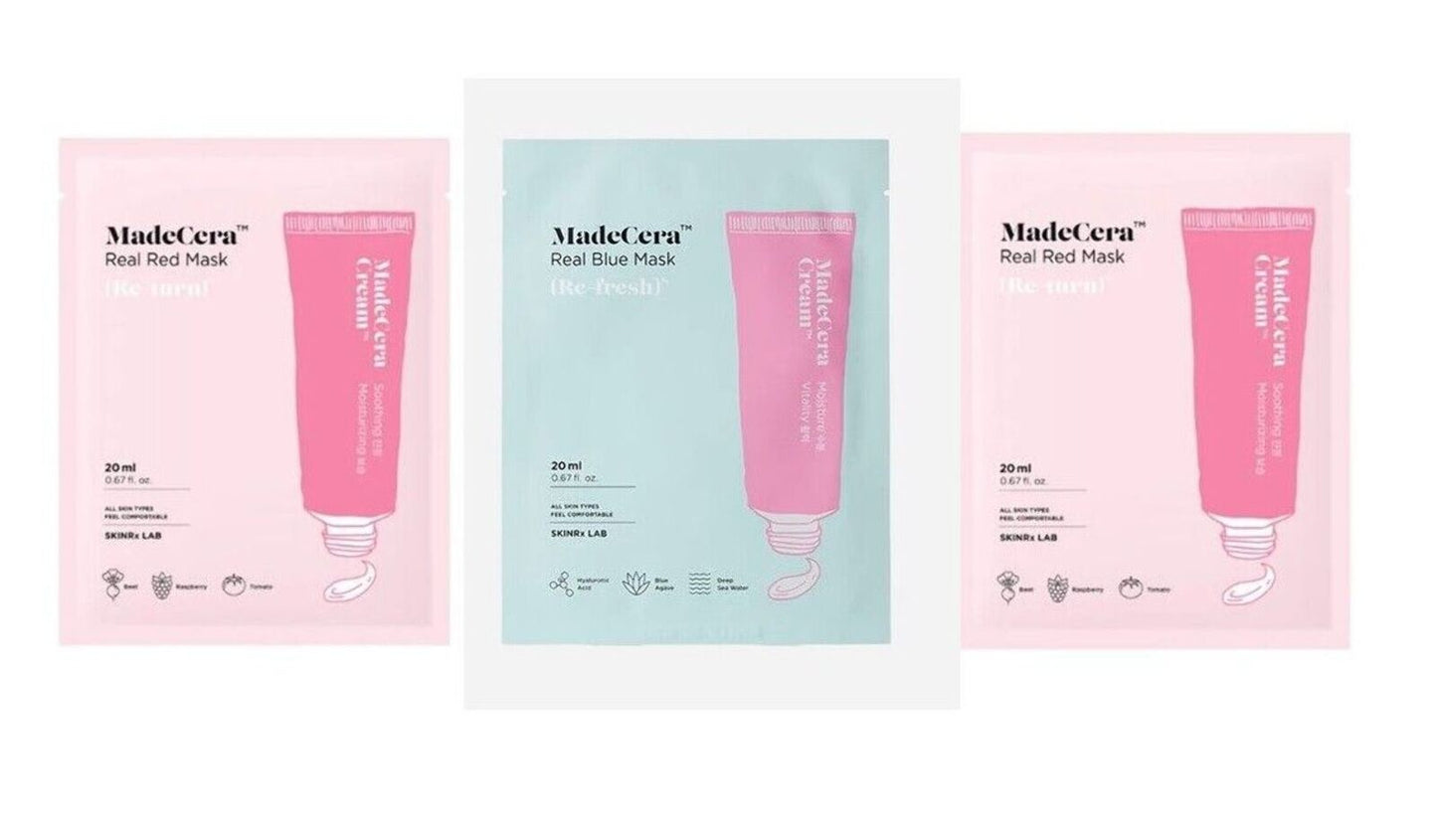 3 X SKINRx LAB Madecera Facial Sheet Real Red (Return) & Real Blue (Refresh) NEW