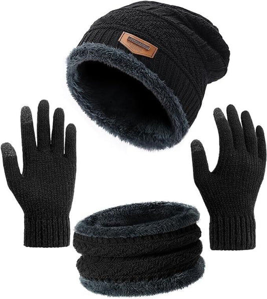 Winter Warm Velvet Hat Scarf Gloves Set 3 piece  Color:  Black/Gray NWT