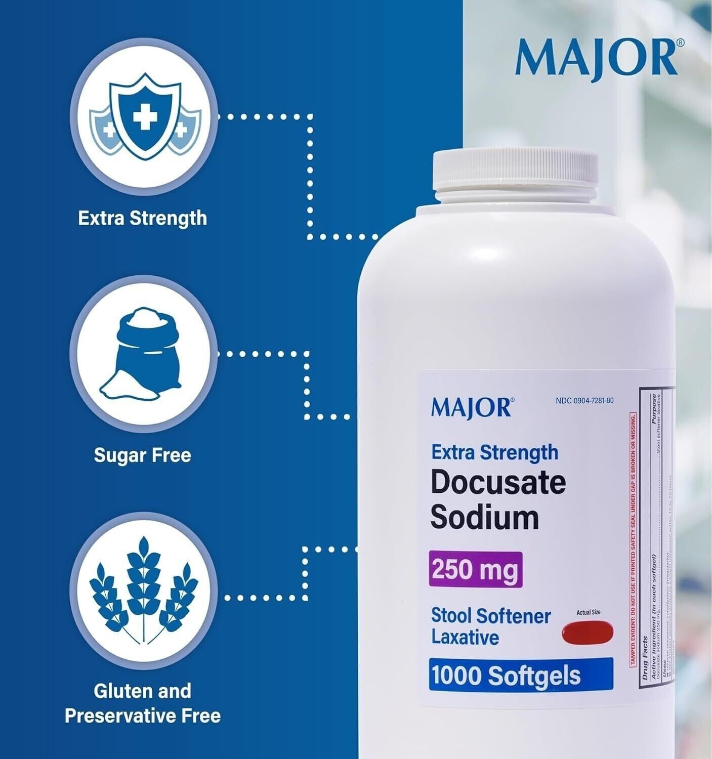 Major Docusate Sodium 250 mg Softgels Stool Softener 1000ct NEW/SEALED
