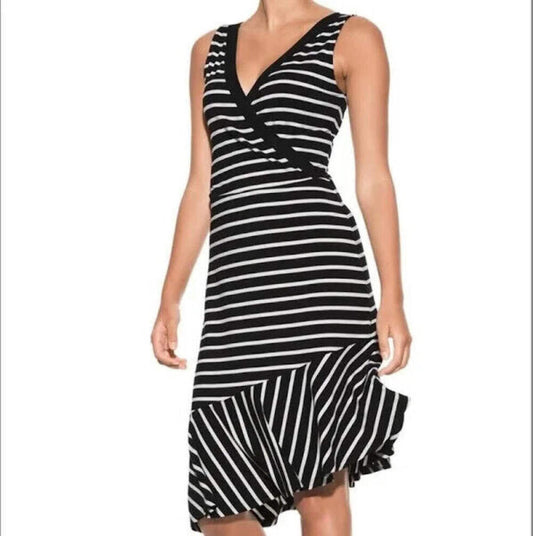 White House Black Market Soft Jersey Asymmetrical Dress Black/Ecru Size 14 NWT