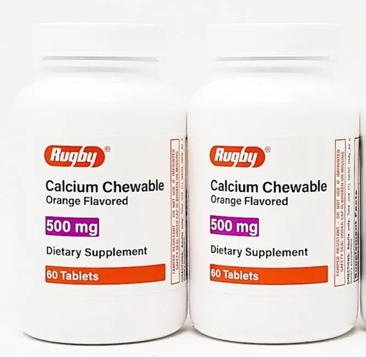 2 X RUGBY Calcium Dietary Supplement Chewable Tablets Orange Flavor 500 mg 60ct