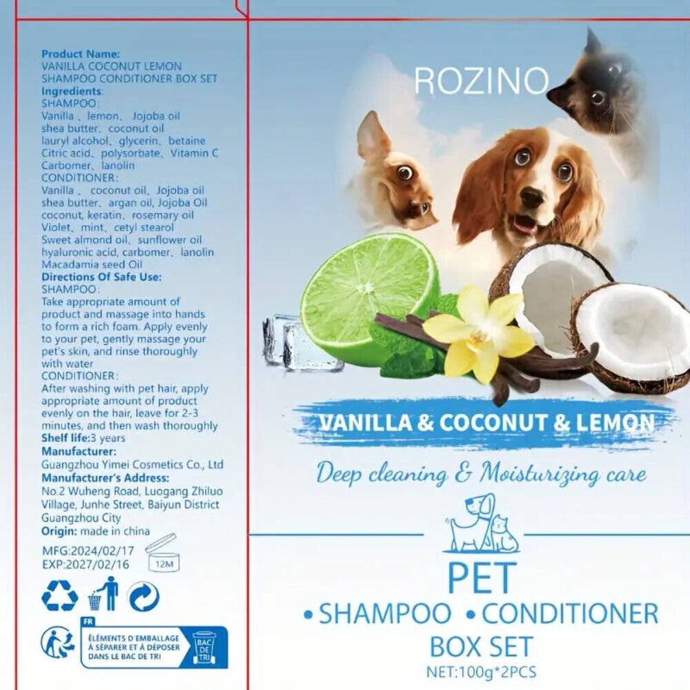 NEW IN BOX Rozino 2-Piece Pet Vanilla Coconut Lemon Shampoo & Conditioner Set